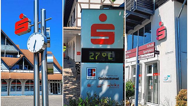 Kleinere Filialen der Sparkasse Hegau-Bodensee in Moos, Gaienhofen und Öhningen (von links) sollen geschlossen werden.