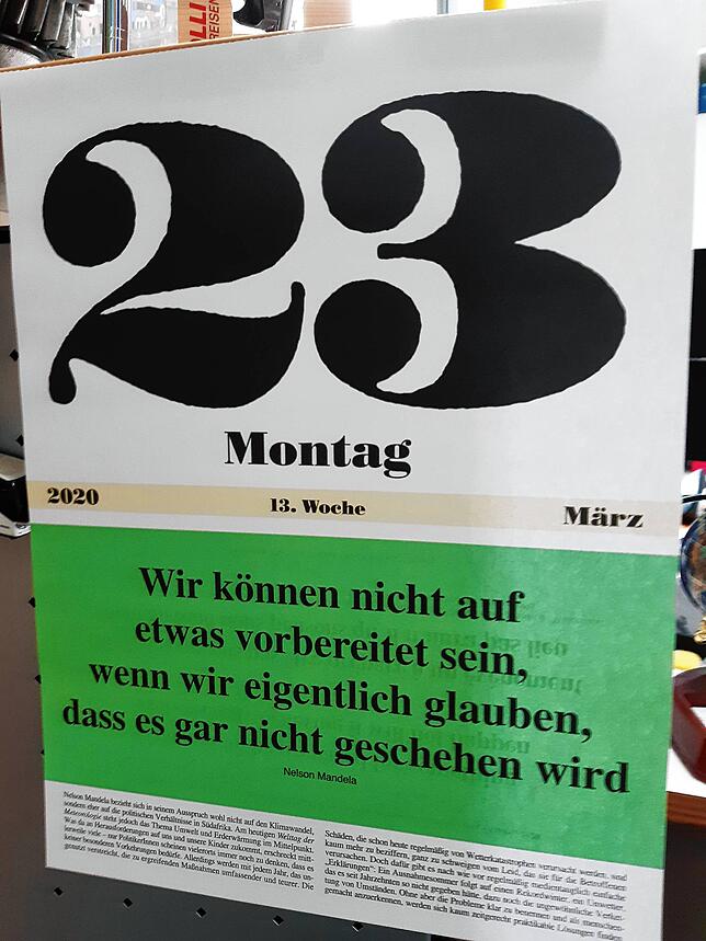 Das Kalenderblatt vom 23. März. Dieter Petrolli hat es in seinem Büro aufgehängt.