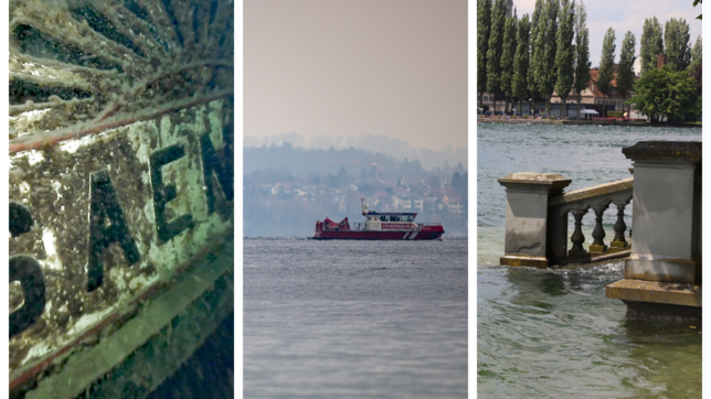Aufnahmen vom Wrack der Säntis nach dem gescheiterten Bergungsaktion (links). Die Feuerwehr sucht mit einem Boot nach verunglückten ...