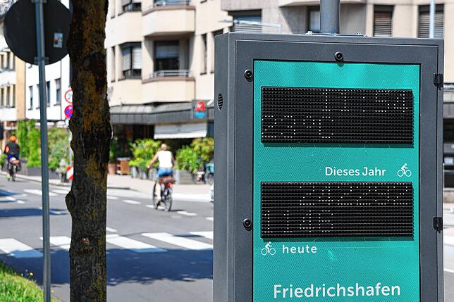 Die digitale Anzeige in der Friedrichstraße zählt Radler.