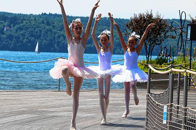 Das sind drei der Flamingos der Mittelstufe Ballett-Gruppe, die auf dem äußerst wackeligen Untergrund der Schwimmenden Gärten auftreten.