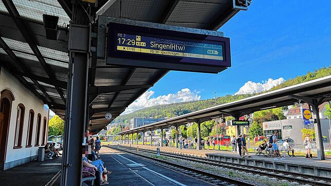 Die Anzeige am Bahnhof Waldshut: Der IRE wird mit einer viertelstündigen Verspätung angezeigt, die RB30 fällt komplett aus.