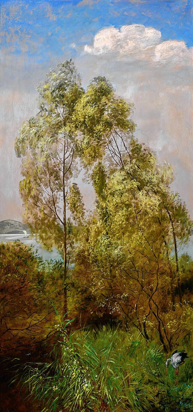 Das ganze Bild: &bdquo;Sommerlandschaft mit Storch&ldquo; von Hans Thoma.