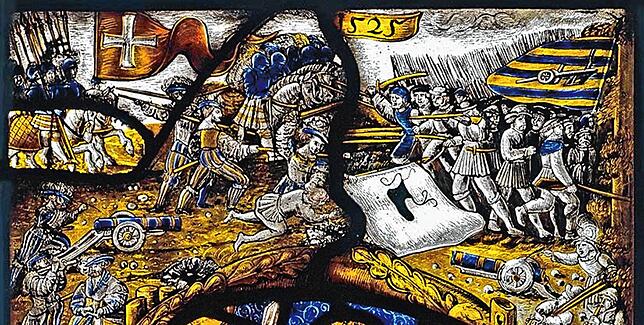 Der Kampf des „Schwäbischen Bundes“ gegen die aufständischen Bauern (rechts) ist auf der Kabinettscheibe dargestellt, die Überlingen ...