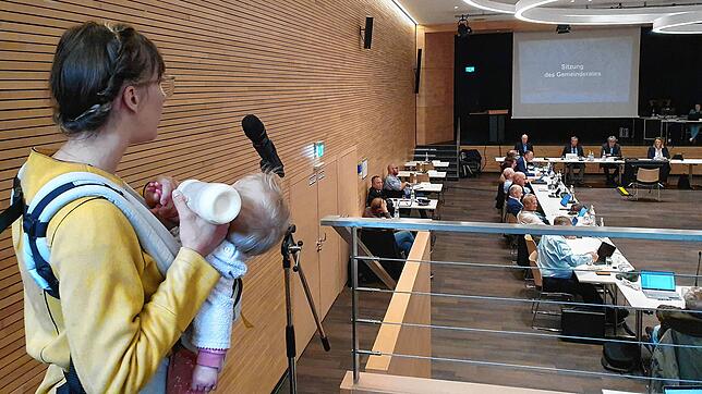 Celia Jakob (mit Baby) hielt zu Beginn der Sitzung in der Bürgerfragestunde ein Statement gegen eine Bebauung des Landschaftsparks Sankt ...