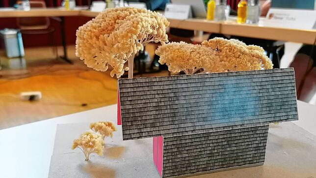 Ein Modell des künftigen Toilettenhäuschens, dessen Dach und Wände aus Holzschindeln bestehen, hat der Architekt Thomas Hirthe im ...