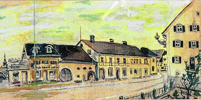 Das im Besitz von Wilhelm Bermeitinger befindliche Gemälde zeigt in einem Ausschnitt das Stadthaus Neflin-Brugger gegenüber der ...