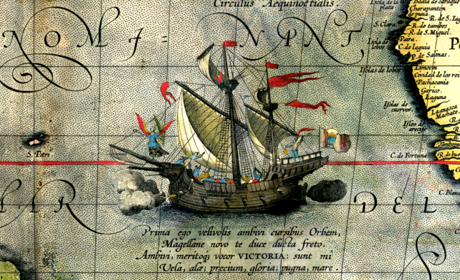Magellans Schiff Victoria auf einer Weltkarte des flämischen Geografen Abraham Ortelius (1527-1598).