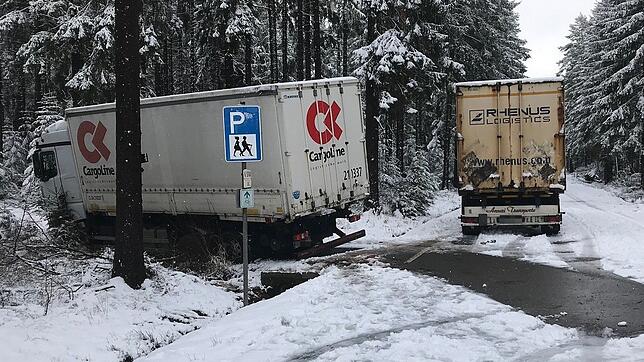 Von der Straße in den Wald und schließlich ein Wendeversuch. Als der Fahrer dieses Lasters bemerkt hat, dass es im Sturm kein ...