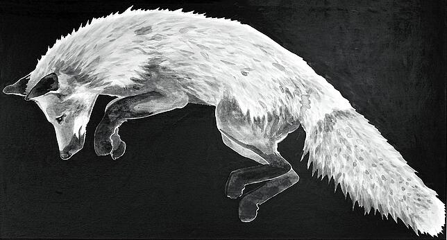 Die schwarzweiße llustration &bdquo;Fuchs auf der Jagd&ldquo; von Petra Jäger.