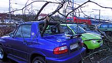 Lothar vor 25 Jahren: Auf dem Bahnhofs-Parkplatz in Villingen beschädigten herabfallende Äste geparkte Autos.