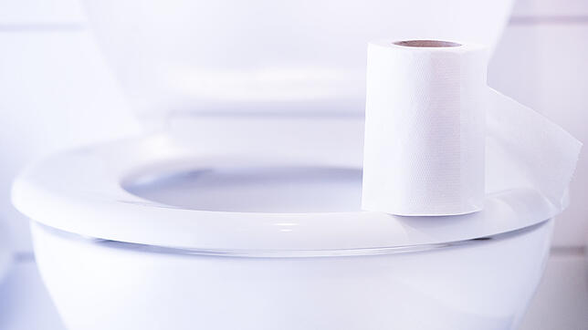 Eine Klopapierrolle steht auf der Brille einer Toilette. (Symbolbild)