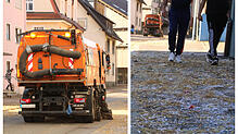 Die Kehrmaschine reinigt die Herdstraße, auf dem Gehweg laufen Passanten auf einem Teppich von Stroh und Konfetti. Nach dem ...