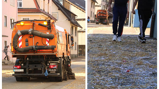 Die Kehrmaschine reinigt die Herdstraße, auf dem Gehweg laufen Passanten auf einem Teppich von Stroh und Konfetti. Nach dem ...