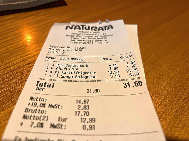 Am Ende stehen 31,60 Euro auf der Rechnung. Dafür gab es Kartoffelgratin mit buntem Salat, Pasta Bolognese, eine große Saft-Schorle und ...