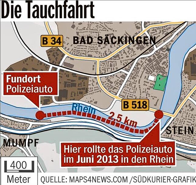 2,5 Kilometer flussabwärts wurde der Streifenwagen geborgen.