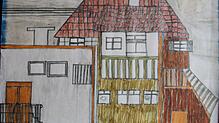1970: Das ehemalige Oberalpfener Schul- und Rathaus aus dem Blickwinkel eines Schülers. Links der Anbau mit dem neuen Schulsaal, rechts ...