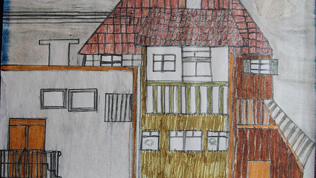 1970: Das ehemalige Oberalpfener Schul- und Rathaus aus dem Blickwinkel eines Schülers. Links der Anbau mit dem neuen Schulsaal, rechts ...