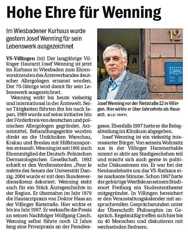 2014 wird Josef Wenning zum Ehrenvorsitzenden des Ärzteverbandes deutscher Allergologen ernannt. Der Bericht erscheint am 4. Oktober im ...