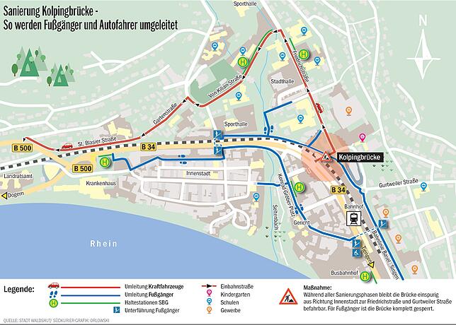 Bild 1: Welche Auswirkungen die viermonatige Sperrung der Kolpingbrücke auf den Verkehr und die Fußgänger hat