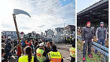 Links: Bauern-Proteste beim politischen Aschermittwoch der Grünen in Biberach. Rechts: Robert Rascher (l.) und Dominik Sonntag waren ...