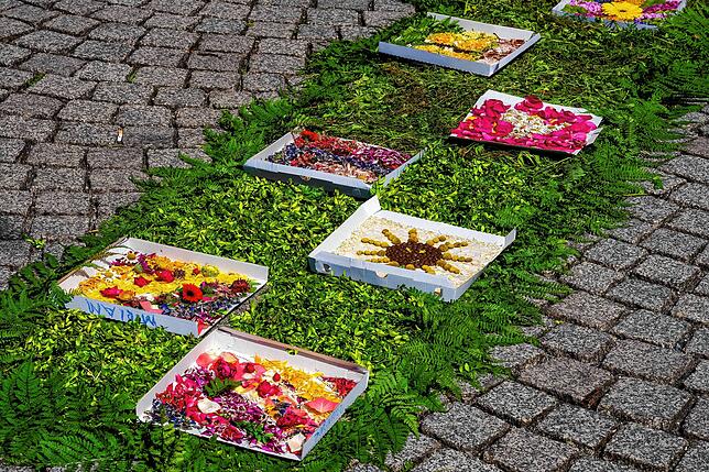 Die Ergebnisse der Pizzaschachtel-Aktion zieren den Bereich vor dem Altar auf dem Marktplatz. Kinder hatten die Kartons zuvor im ...