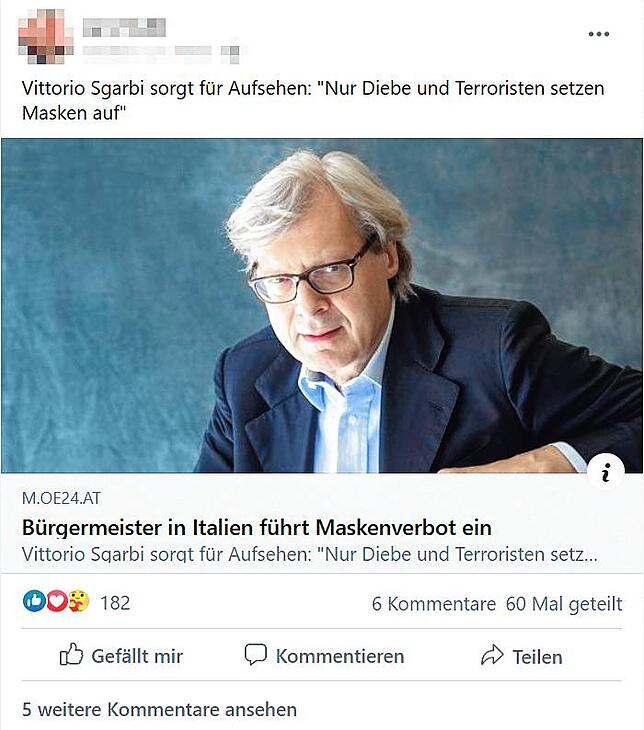 Der Jugendtrainer ist ein Gegner der Maskenpflicht und teilt auf seiner Facebook-Seite diesen Beitrag über einen italienischen ...