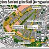 Zwei grüne Achsen vom Stadtgarten zum Aachpark und vom Bahnhof zum Markplatz, große Plätze und Wasserspiele: So könnte die Innenstadt ...