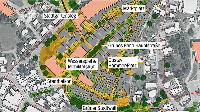 Zwei grüne Achsen vom Stadtgarten zum Aachpark und vom Bahnhof zum Markplatz, große Plätze und Wasserspiele: So könnte die Innenstadt ...