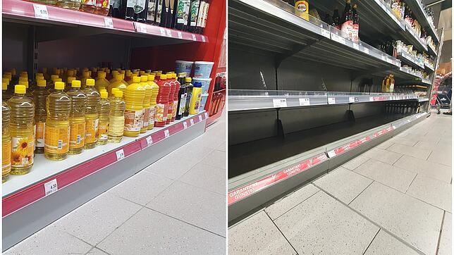 Während in der Filiale eines Discounters im schweizerischen Kreuzlingen im März Sonnenblumenöl in Hülle und Fülle vorhanden ist (links), ...