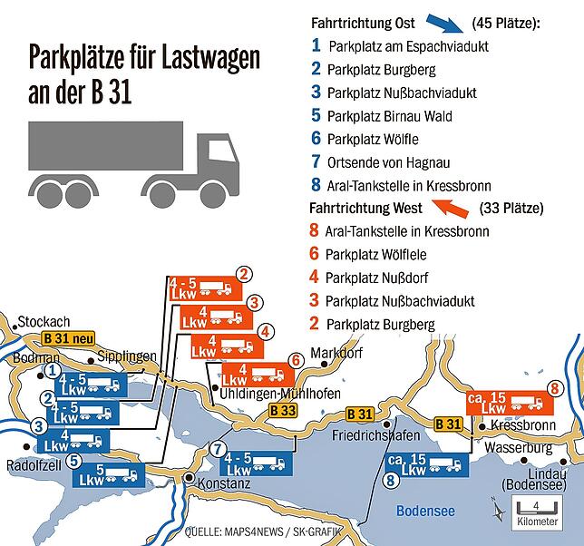 Bild 2: Die Parkplätze an der B 31 werden nicht nur von Lastwagen verstopft. Jetzt reagieren die Behörden