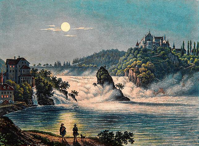 Der Rheinfall von Schaffhausen bei Vollmond (Aquatinta von Friedrich Salathé, vermutlich nach Ludwig Bleuler, um 1850): Solche Szenen ...