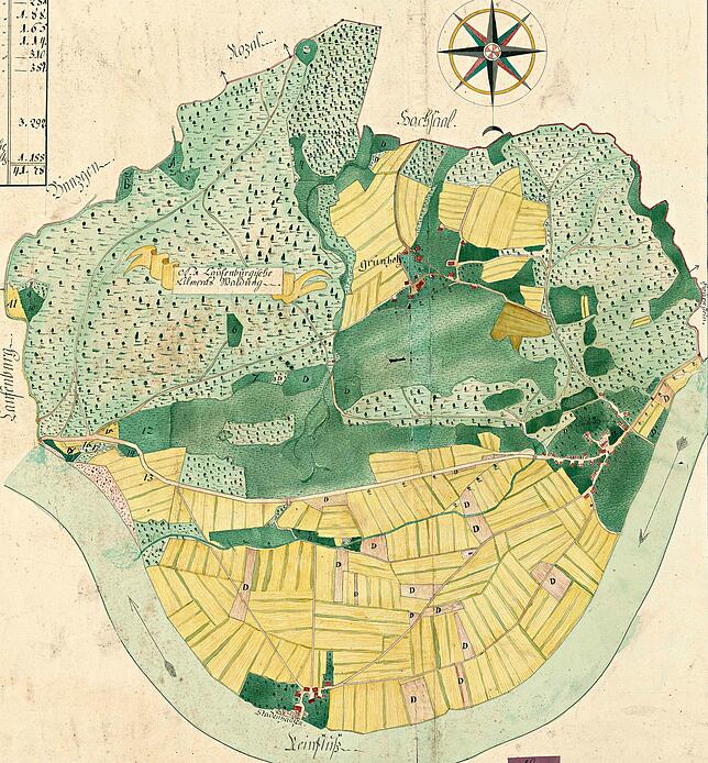 Im Plan des Geometers Joseph Kunzelmann aus dem Jahre 1787 sind die drei Ortschaften Luttingen, Grunholz und Stadenhausen sowie der ...