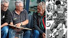 Karl-Heinz Rogg, Guido Woll und Roland Weishaar (Bild links, von links) kickten 1975 mit beim Fußballspiel gegen die Schönauer ...