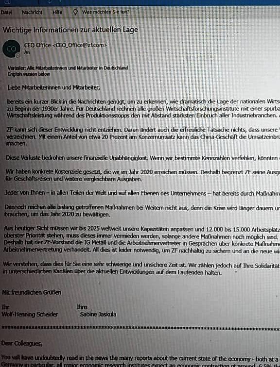 Auszug aus der E-Mail, die der Vorstand am Donnerstag allen ZF-Mitarbeitern geschickt hat.