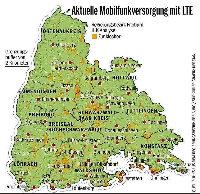 Die Karte zur Mobilfunkversorgung weist Löcher auf. Die Line entlang der Grenze markiert einen 2-Kilometer-Puffer an der Grenze. Diese ...