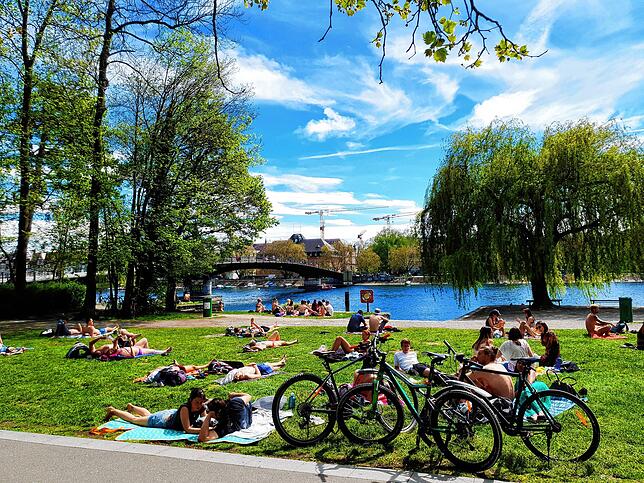 Tagsüber genießen im Herosé-Park viele junge Menschen die Sonne und das kühle Wasser des Seerheins.