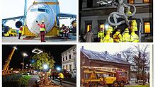 Vier Eindrücke von Spezialtransporten von Broziat: Entladung der Lufthansa-Maschine Landshut in Friedrichshafen 2017 (oben links), ...