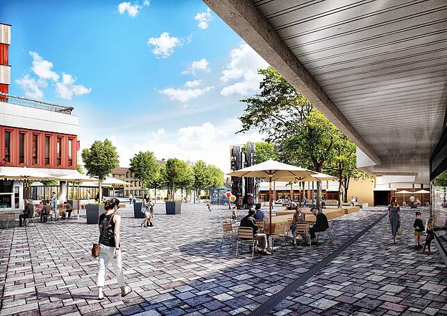 Variante 2: Gräulicher Natursteinbelag mit rötlichem Farbeinschlag über den gesamten Marktplatz.