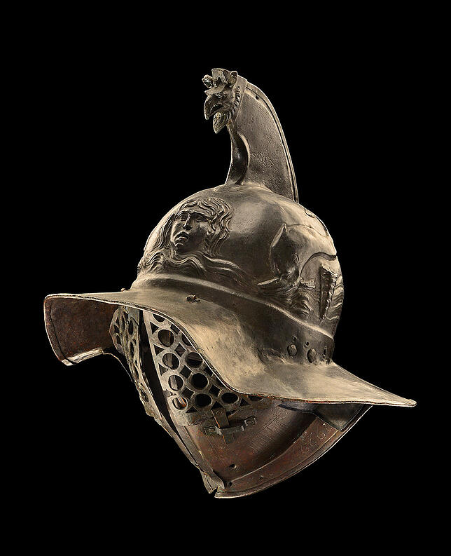 Ein Gladiatorenhelm aus der Kaserne von Pompeji (erstes Jahrhundert nach Christus) aus dem Museo Archeologico Nazionale di Napoli.