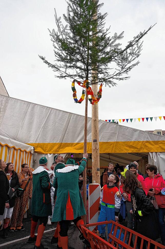 Klein aber fein: Der beim Kinderumzug mitgeführte kleine Narrenbaum wird auf dem Marktplatz kurzerhand von Narrenräten an den großen ...
