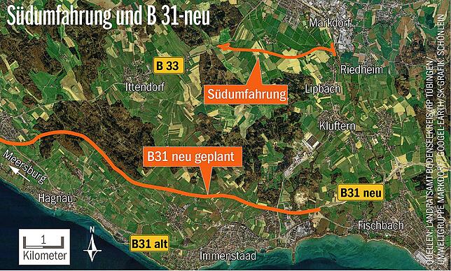 Straßenplanung im westlichen Bodenseekreis. Auf der Grafik sind die Trassen der Südumfahrung und der B 31-neu zwischen Meersburg und ...