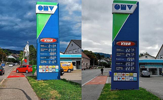 Die Spritpreise an der OMV-Tankstelle in Bad Säckingen am Abend vor Ende des Tankrabatts (links) und am Morgen danach.
