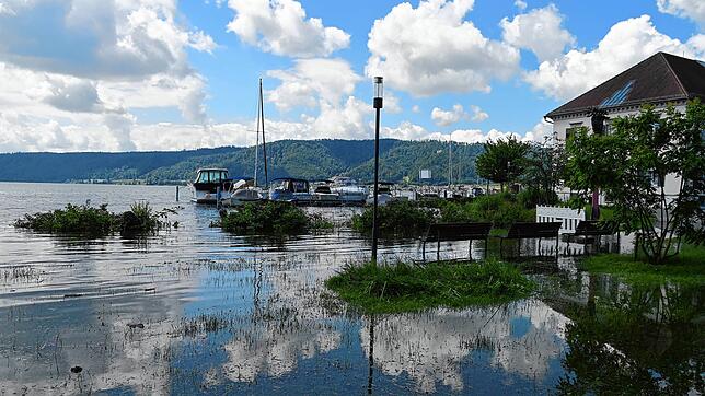 Das Hochwasser holt sich inzwischen auch die Wiesen im Schlösslepark. Rechts hinten ist das Rathaus zu sehen.