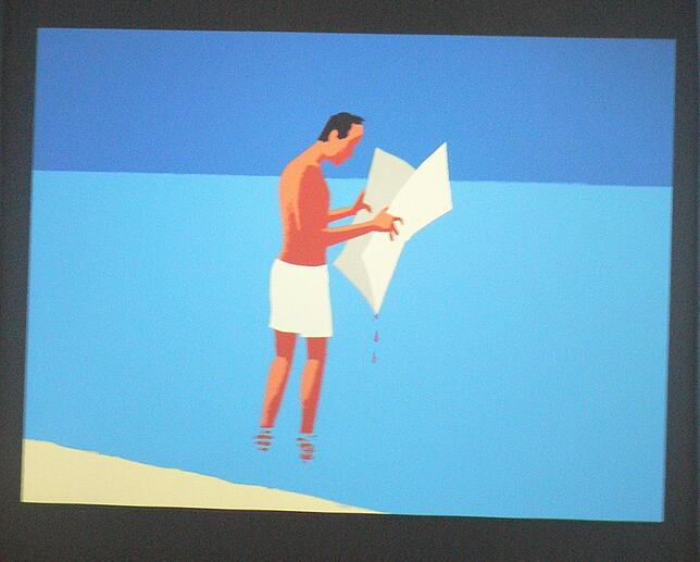 Die bewegliche Arbeit „Beach“. Aus der Zeitung rinnen Blutströpfchen, die die Urlaubsidylle stören.