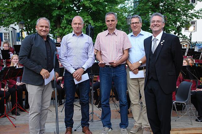 Auszeichnung der Musikvereine..Von links OB Staab, Tobias Rauser (MV Markelfingen), Thomas Späth (Stadtkapelle), Helmut Arndt (MV ...