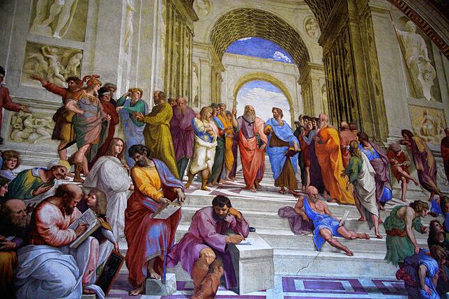 Das 16. Jahrhundert entdeckt die Antike neu: Hier die großen Denker der „Schule von Athen“ des italienischen Malers Raffael ...
