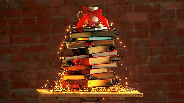 Geschenkidee: ein Weihnachtsbaum aus Büchern.