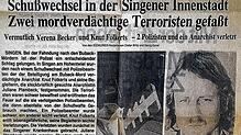 Ein Sonderblatt des SÜDKURIER vom Dienstag, 3. Mai 1977: herausgegeben wenige Stunden nach der Verhaftung der beiden Terroristen Verena ...