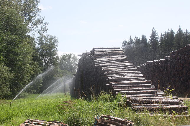 Das Haus Douglas hat sein zur Verfügung stehendes Nasslager in der Gemeinde Mühlingen bereits gefüllt und beregnet hier 2500 Festmeter ...